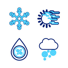 Set line Cloud with snow, Water drop percentage, Fog and sun and Snowflake icon. Vector