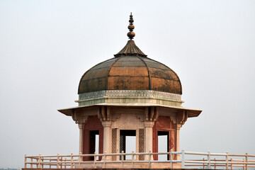 Chhatri semi open elevated dome shaped pavilion of Agra red fort in India, beautiful architecture