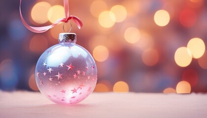 Fototapeta na wymiar Minimalist New Year concept. A close-up of a pastel pink decorative ball for the Christmas tree. Bokeh background.