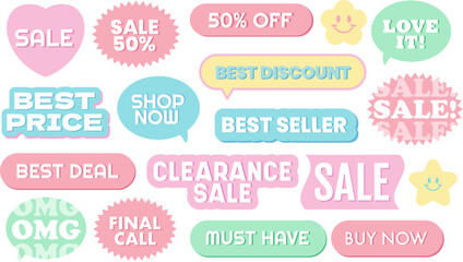 Pastel sale tags including clearance sale, shop now, best discount, final call, best price, sale 50% for shopping icon, sticker, label, discount sign, symbol, print, ads, campaign logo, banner.