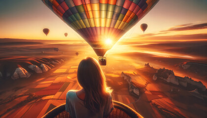 To where you are (A girl flying in a hot air balloon watching the sunset) Generative AI - obrazy, fototapety, plakaty