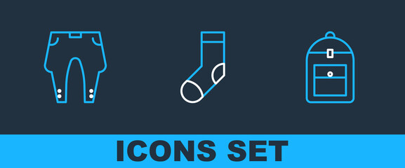 Set line Backpack, Pants and Socks icon. Vector