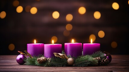 Advent Wreath with Burning Purple Candles, Symbolic Christmas Decor and Ceremony