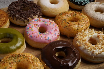 Donut with various flavor top view flat food photography