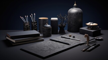 Black corporate stationery on a dark stylish wooden background, close-up. Branding mockup for branding, graphic designer presentations and business portfolios