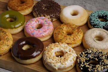 Donut with various flavor top view flat food photography