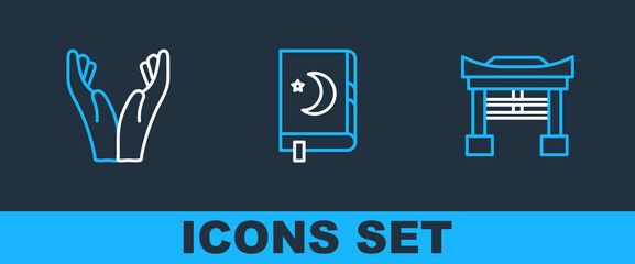 Set line Japan Gate, Hands in praying position and Holy book of Koran icon. Vector