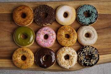 Donut with various flavor top view flat food photography