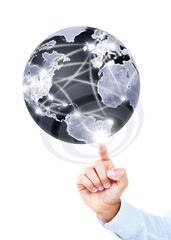 Hand, world and globe with hologram, business and development with international supply chain,...