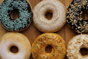 Donut with various flavor top view flat food photography