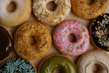 Donut with various flavor top view flat food photography