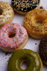 Donut with various flavor top view flat food photography