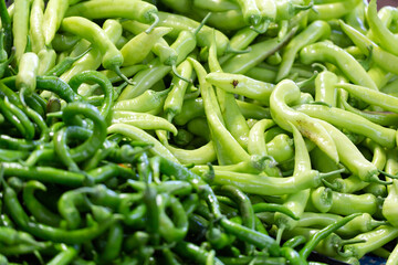 Green chilies displayed for sale on local food market in Istanbul