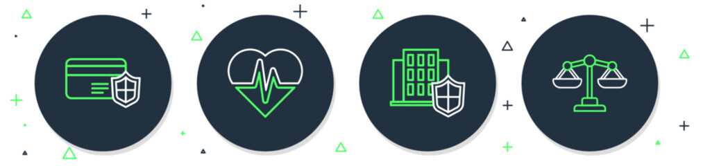 Set line Health insurance, House with shield, Credit card and Scales of justice icon. Vector