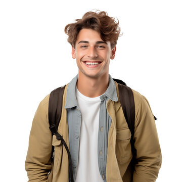 Portrait of smiling young college student with books and backpack