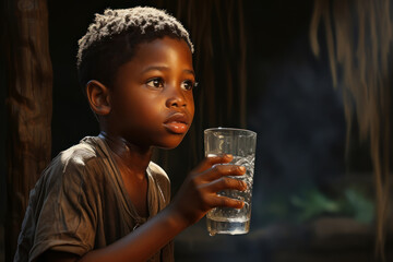 A poor African boy with a glass of clean drinking water. The problem of shortage of drinking water, drought, poverty. - obrazy, fototapety, plakaty