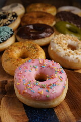 pink straw berry donut  top view close up flat food photography