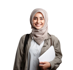 ortrait of good-looking Happy young adult Muslim islamic asian university woman holding colorful book. Studio shot on white background.