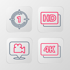 Set line 4k Ultra HD, Camera and location, Hd movie, tape, frame and Old film countdown icon. Vector