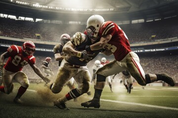 Football players colliding within an American football stadium - obrazy, fototapety, plakaty