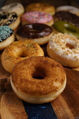 Donut with various flavor top view flat food photography