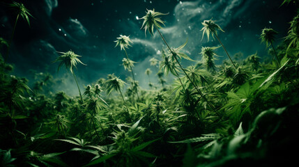Fototapeta na wymiar Marijuana leaves, cannabis on a dark background, beautiful background. Outdoor Cannabis Flowers field marijuana.