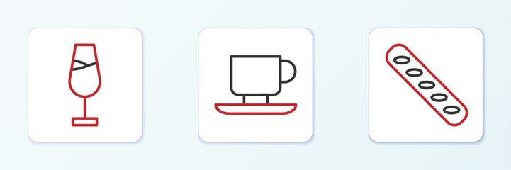 Set line French baguette bread, Wine glass and Coffee cup icon. Vector