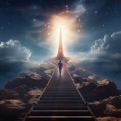 Mystical scene, a wanderer guy confidently walks along a surreal road and finds a magical staircase leading to a door to heaven.  - obrazy, fototapety, plakaty
