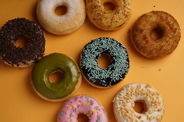 Donut with various flavor top view flat food photography