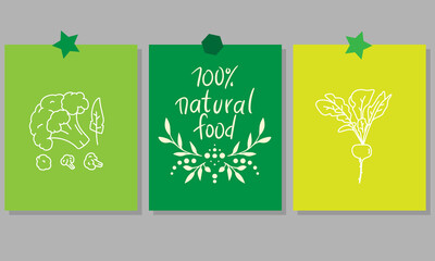 Motivational vertical poster with 100% natural food lettering decorated with vegetables, berries, greens and fruits. Flat vector illustration of vegetarian placard or card with place for text