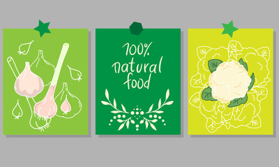 Motivational vertical poster with Vegan Food lettering decorated with vegetables, berries, greens and fruits. Flat vector illustration of vegetarian placard or card with place for text