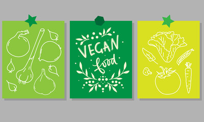Motivational vertical poster with Vegan Food lettering decorated with vegetables, berries, greens and fruits. Flat vector illustration of vegetarian placard or card with place for text