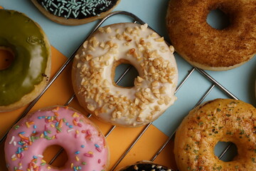 Donut with various flavor top view flat food photography