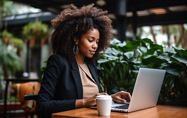 Beautiful african young concentrated business woman using laptop while sitting in the cafe