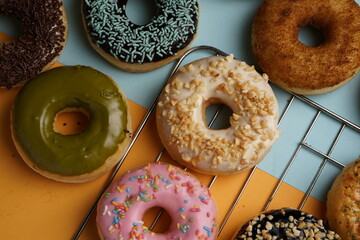Donut with various flavor top view flat food photography