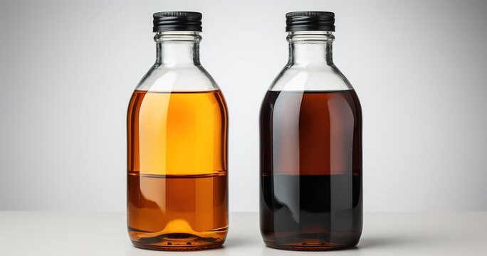 two glass bottles with aromatic oils on a light background.
