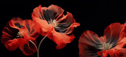 Stylized red poppies flowers on black background. Remembrance Day, Armistice Day, Anzac day symbol