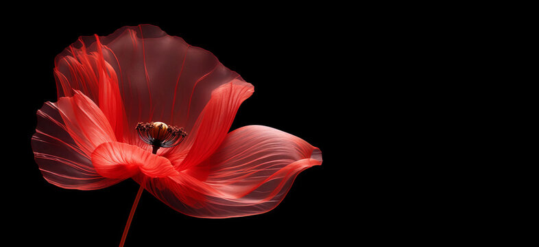 Stylized red poppy flower on black background. Remembrance Day, Armistice Day, Anzac day symbol