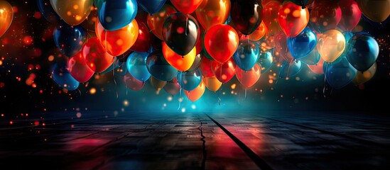 At the Christmas party vibrant balloons in a mesmerizing abstract pattern floated against a wintry backdrop illuminating the room with cheerful lights The happy atmosphere was enhanced by t