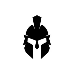 Spartan warrior helmet logo. Spartan helmet logo, Spartan shield and helmet vector illustration, Spartan Greek gladiator armor flat vector icon.