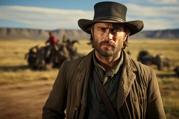 Portrait of mature man in cowboy clothes and hat against the background of wild west rancho. An experienced man with a weathered face looking confidently at camera. Real courageous cowboy.