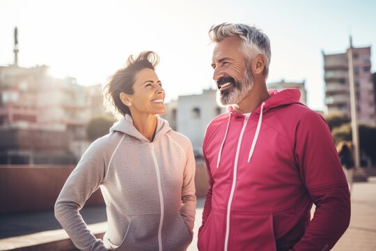 Athletic Caucasian couple in sportswear posing for camera with confident and energetic smiles. Happy mature man and woman jogging or working out outdoors. Healthy lifestyle in urban environment.