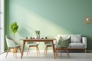 Modern Dining Room in Scandinavian Style - Pastel Green Wall and Wooden Furniture