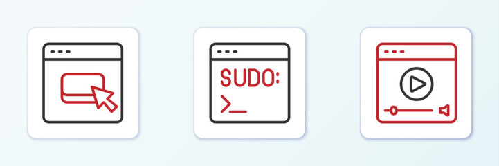 Set line Online play video, Browser files and Code terminal icon. Vector