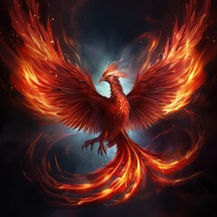 flying red burning bird phoenix with wire wings rebirth