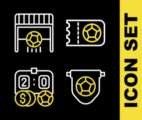 Set line Football or soccer ticket, flag pennant, betting money and goal with icon. Vector