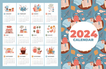 Cute and cozy 2024 calendar template with hand drawn four seasons elements. Week starting on Sunday. Ready to print. Cute vector illustrations in flat style.