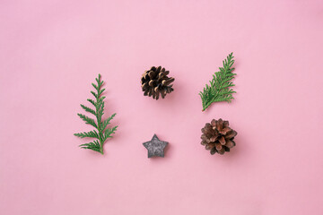Christmas celebration concept composition with pine cone and thuja branches on the pink background.