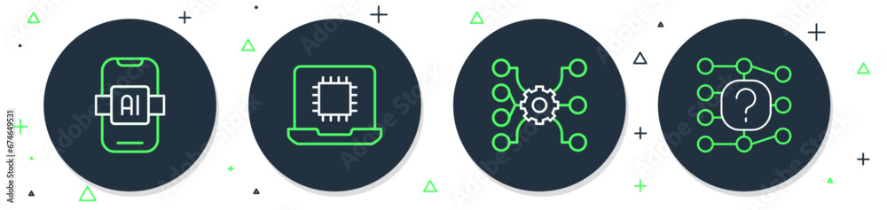 Poster set line processor cpu, neural network, artificial intelligence ai and icon. vector
