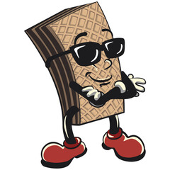 vintage mascot chocolate wafer character with cute face in cool style wearing sunglasses while folding hands, isolated cartoon vector illustration. emoticon, cute vintage wafer mascot